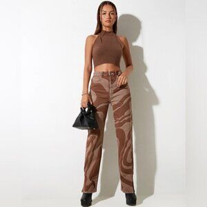 MOTEL X IRIS Straight Leg High Waisted Denim Jeans - Laser Swirl Brown - S Small